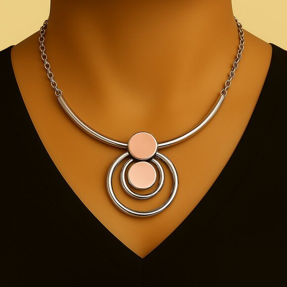 Women's Stunning Polished Silver-Tone Statement Necklace - Dual Plate & Hoop - Picture 1 of 9